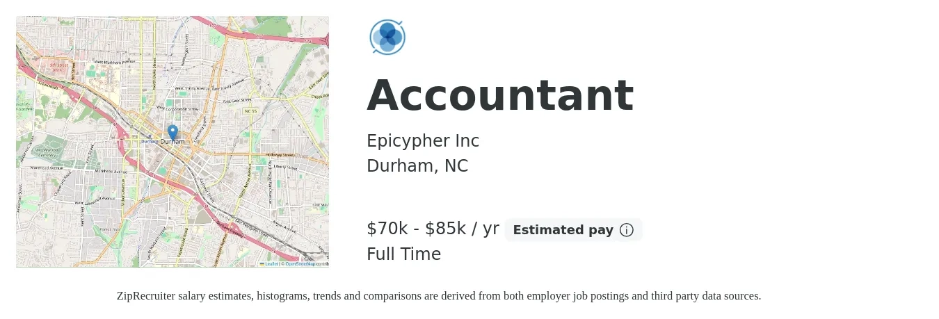 Epicypher Inc job posting for a Accountant in Durham, NC with a salary of $70,000 to $85,000 Yearly with a map of Durham location.