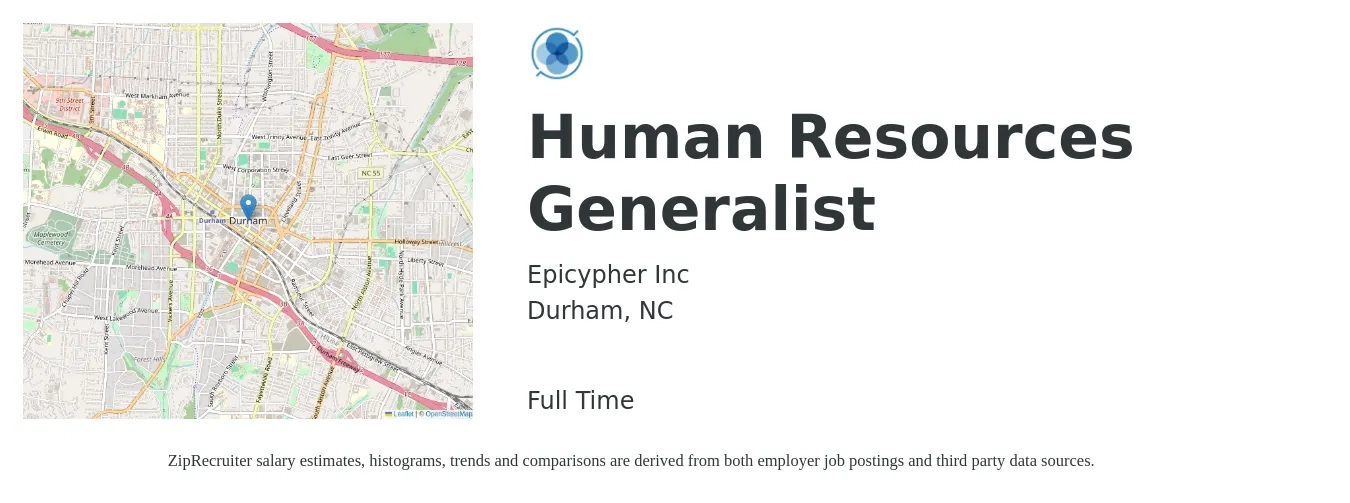 Epicypher Inc job posting for a Human Resources Generalist in Durham, NC with a salary of $50,200 to $71,500 Yearly with a map of Durham location.
