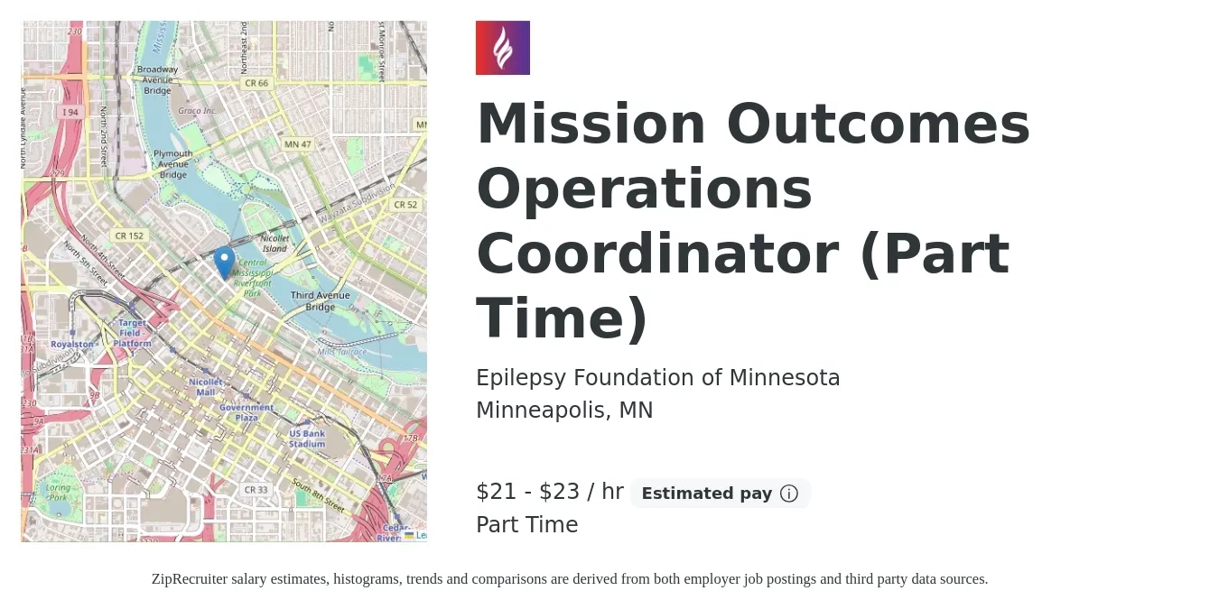 Epilepsy Foundation of Minnesota job posting for a Mission Outcomes Operations Coordinator (Part Time) in Minneapolis, MN with a salary of $22 to $24 Hourly with a map of Minneapolis location.