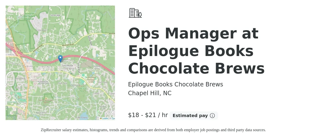 Epilogue Books Chocolate Brews job posting for a Ops Manager at Epilogue Books Chocolate Brews in Chapel Hill, NC with a salary of $19 to $22 Hourly with a map of Chapel Hill location.