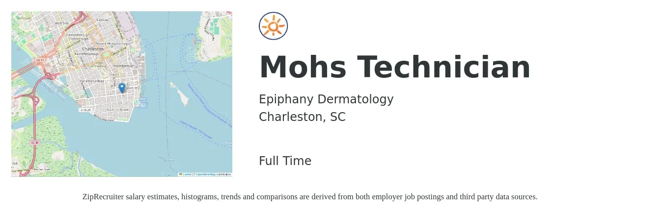Epiphany Dermatology job posting for a Mohs Technician in Charleston, SC with a salary of $16 to $23 Hourly with a map of Charleston location.