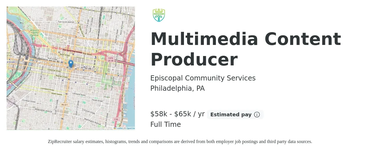 Episcopal Community Services job posting for a Multimedia Content Producer in Philadelphia, PA with a salary of $58,000 to $65,000 Yearly with a map of Philadelphia location.