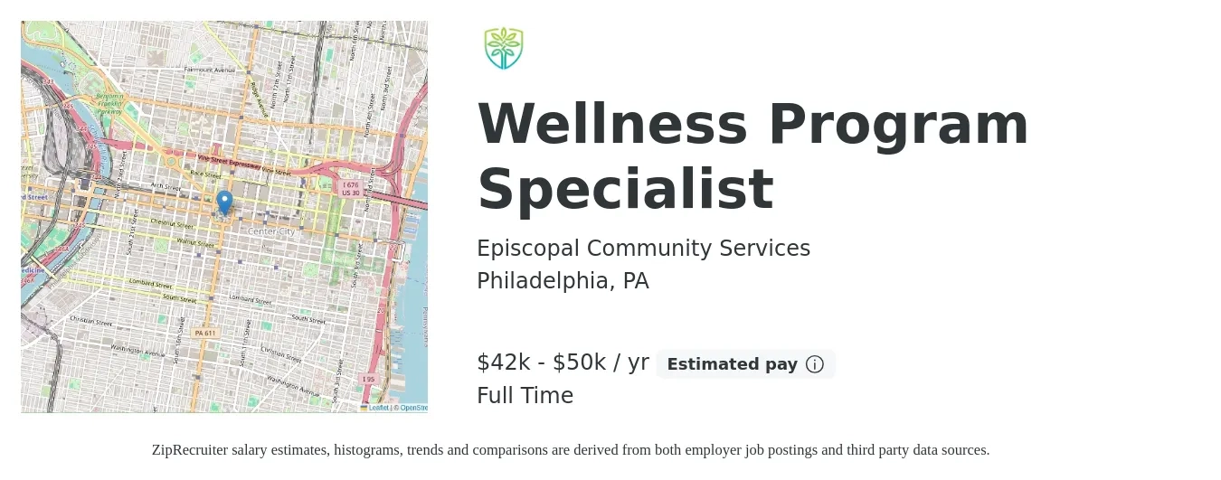 Episcopal Community Services job posting for a Wellness Program Specialist in Philadelphia, PA with a salary of $42,000 to $50,000 Yearly with a map of Philadelphia location.