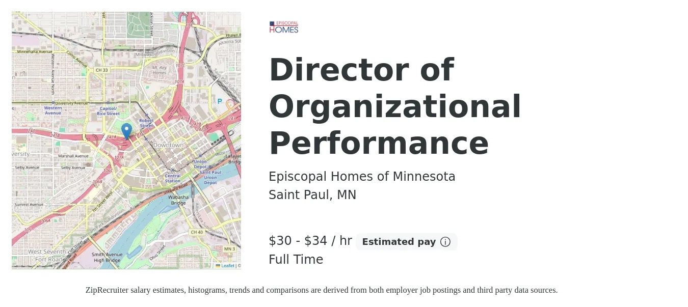 Episcopal Homes of Minnesota job posting for a Director of Organizational Performance in Saint Paul, MN with a salary of $65,000 to $75,000 Yearly with a map of Saint Paul location.
