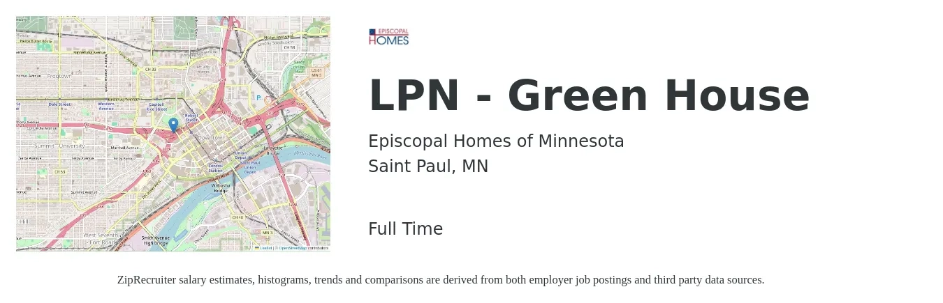Episcopal Homes of Minnesota job posting for a LPN - Green House in Saint Paul, MN with a salary of $30 to $37 Hourly with a map of Saint Paul location.