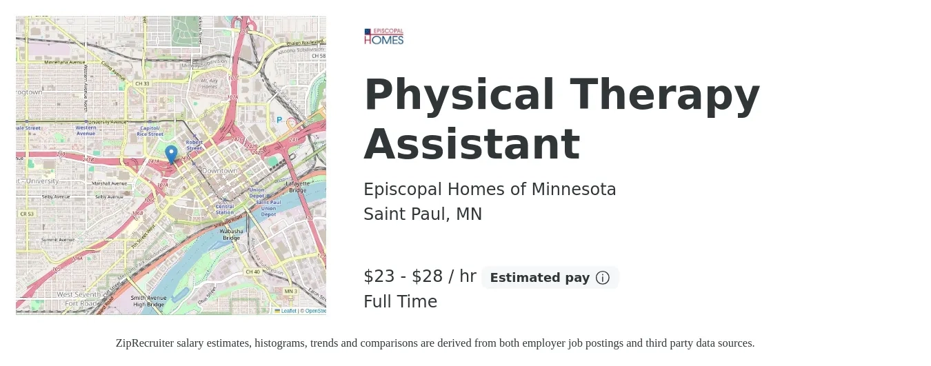 Episcopal Homes of Minnesota job posting for a Physical Therapy Assistant in Saint Paul, MN with a salary of $24 to $30 Hourly with a map of Saint Paul location.