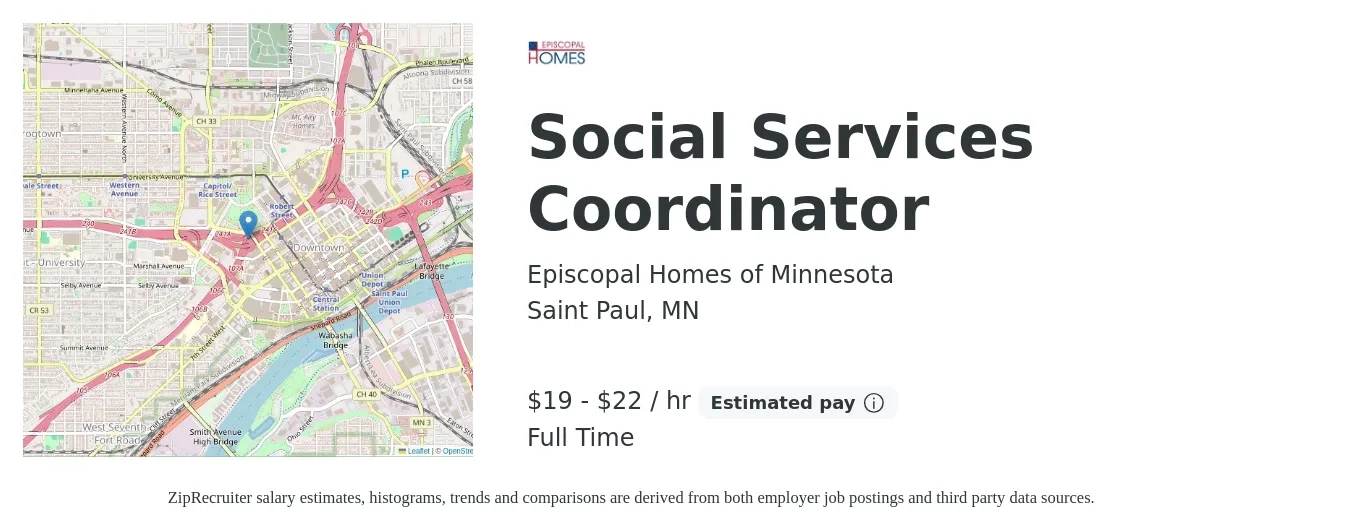 Episcopal Homes of Minnesota job posting for a Social Services Coordinator in Saint Paul, MN with a salary of $20 to $23 Hourly with a map of Saint Paul location.