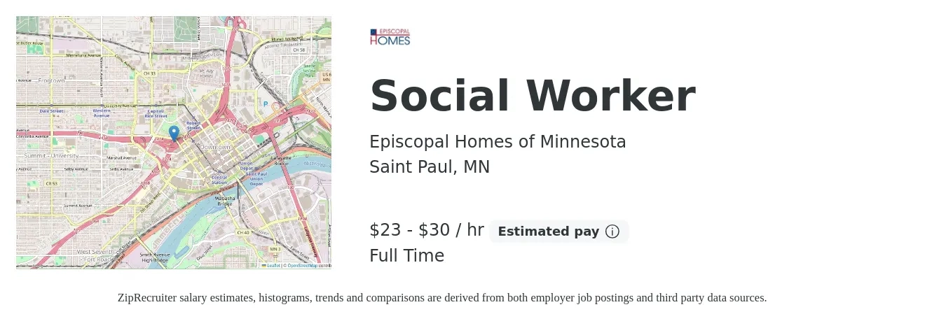 Episcopal Homes of Minnesota job posting for a Social Worker in Saint Paul, MN with a salary of $24 to $31 Hourly with a map of Saint Paul location.