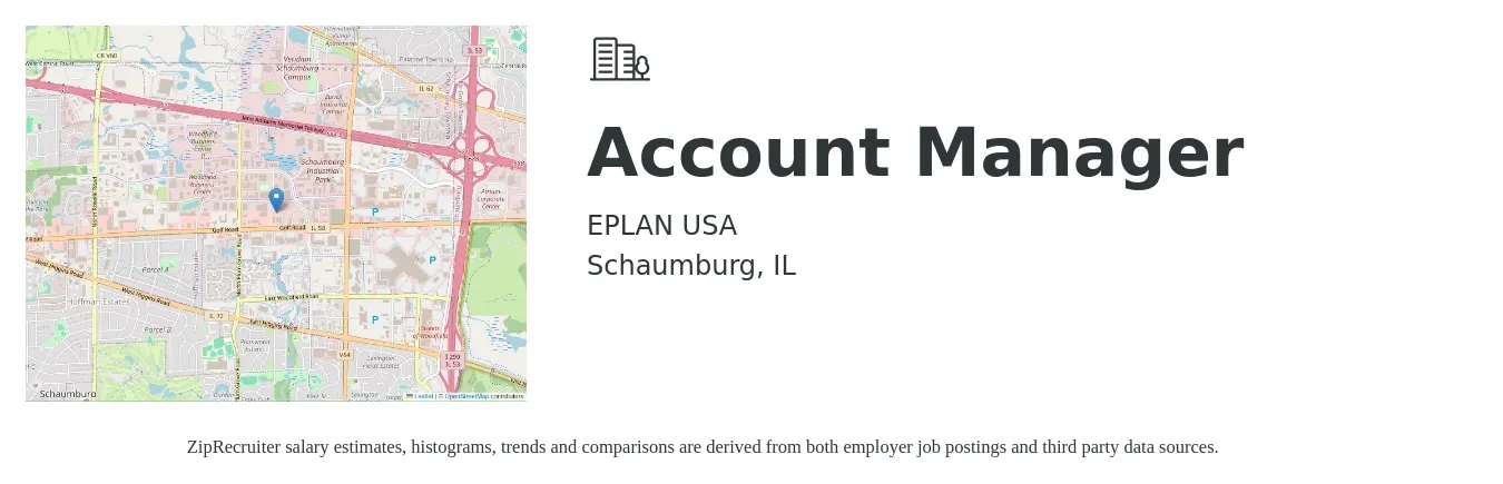 EPLAN USA job posting for a Account Manager in Schaumburg, IL with a salary of $47,400 to $77,500 Yearly with a map of Schaumburg location.