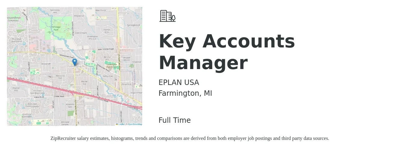 EPLAN USA job posting for a Key Accounts Manager in Farmington, MI with a salary of $71,800 to $109,200 Yearly with a map of Farmington location.