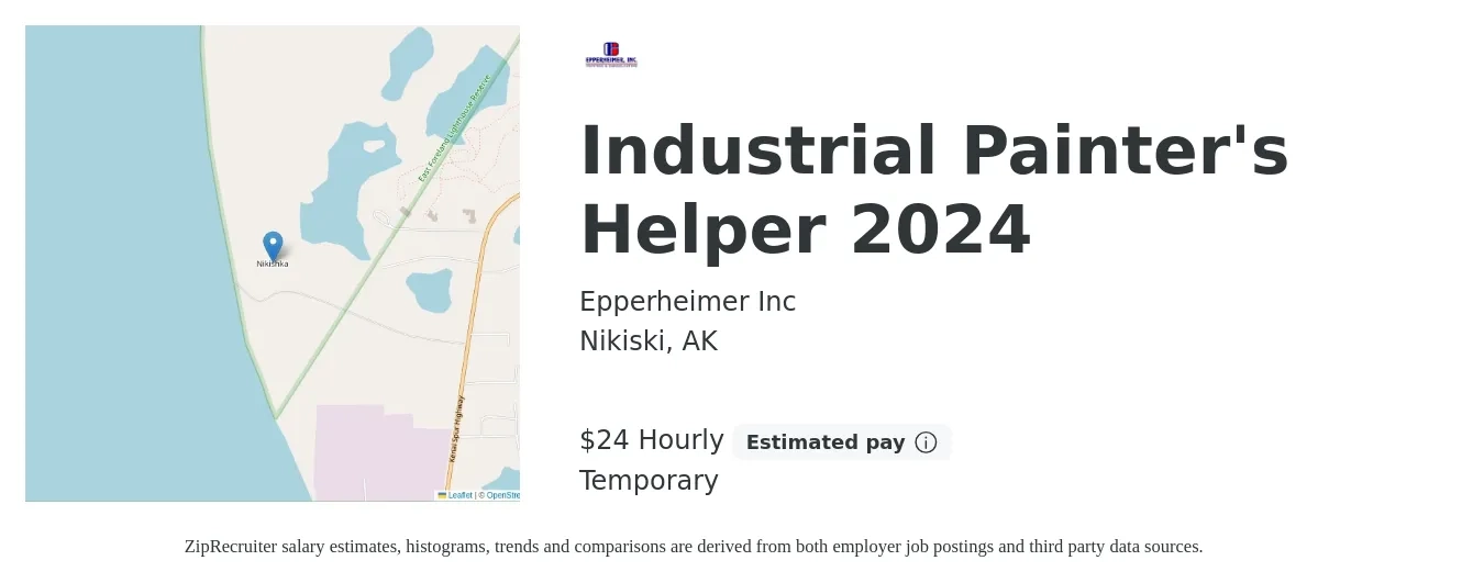 Epperheimer Inc job posting for a Industrial Painter's Helper 2024 in Nikiski, AK with a salary of $25 Hourly with a map of Nikiski location.