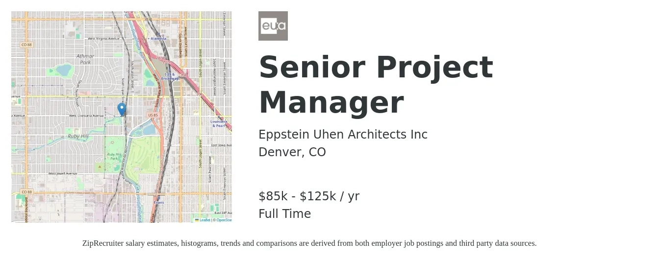 Eppstein Uhen Architects Inc job posting for a Senior Project Manager in Denver, CO with a salary of $106,500 to $150,300 Yearly with a map of Denver location.