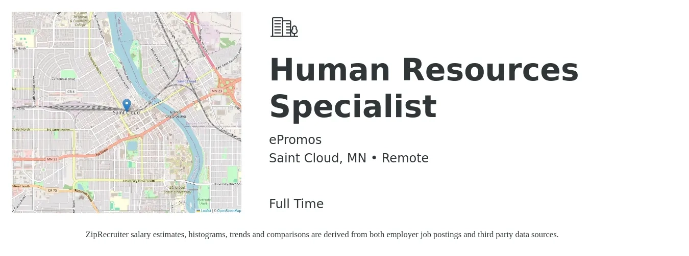 ePromos job posting for a Human Resources Specialist in Saint Cloud, MN with a salary of $46,600 to $97,600 Yearly with a map of Saint Cloud location.