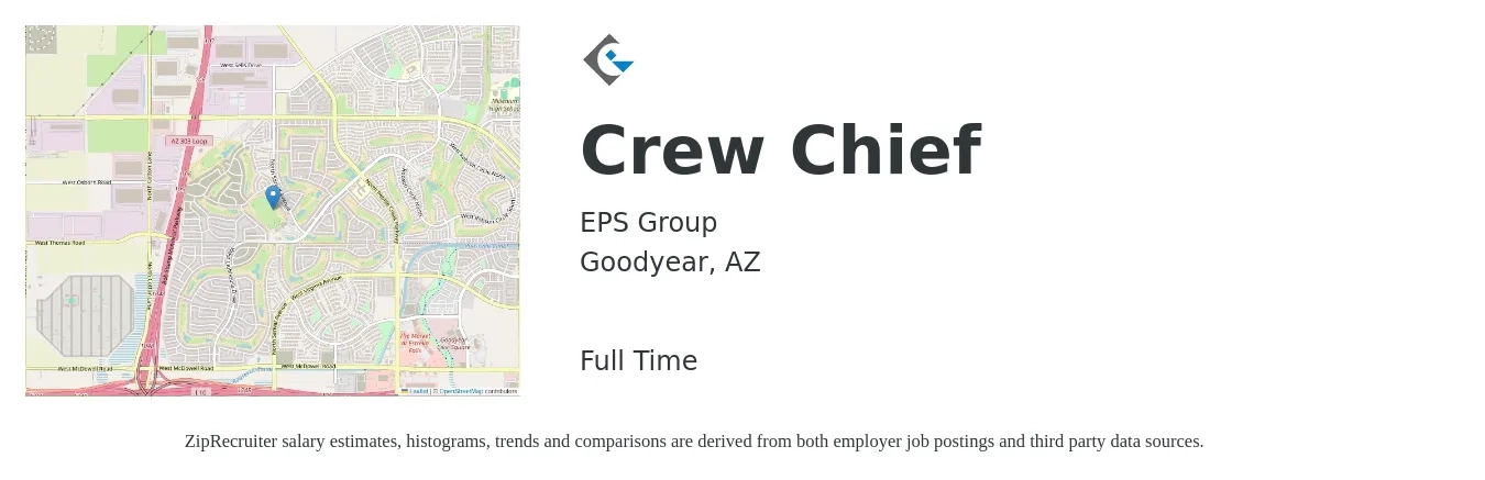 EPS Group job posting for a Crew Chief in Goodyear, AZ with a salary of $19 to $24 Hourly with a map of Goodyear location.