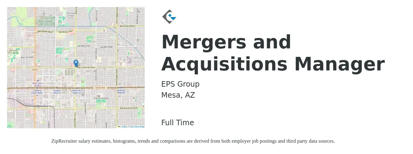 EPS Group job posting for a Mergers and Acquisitions Manager in Mesa, AZ with a salary of $85,300 to $138,400 Yearly with a map of Mesa location.