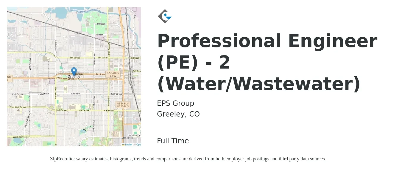 EPS Group job posting for a Professional Engineer (PE2) (Water/Wastewater) in Greeley, CO with a salary of $89,000 to $114,000 Yearly with a map of Greeley location.