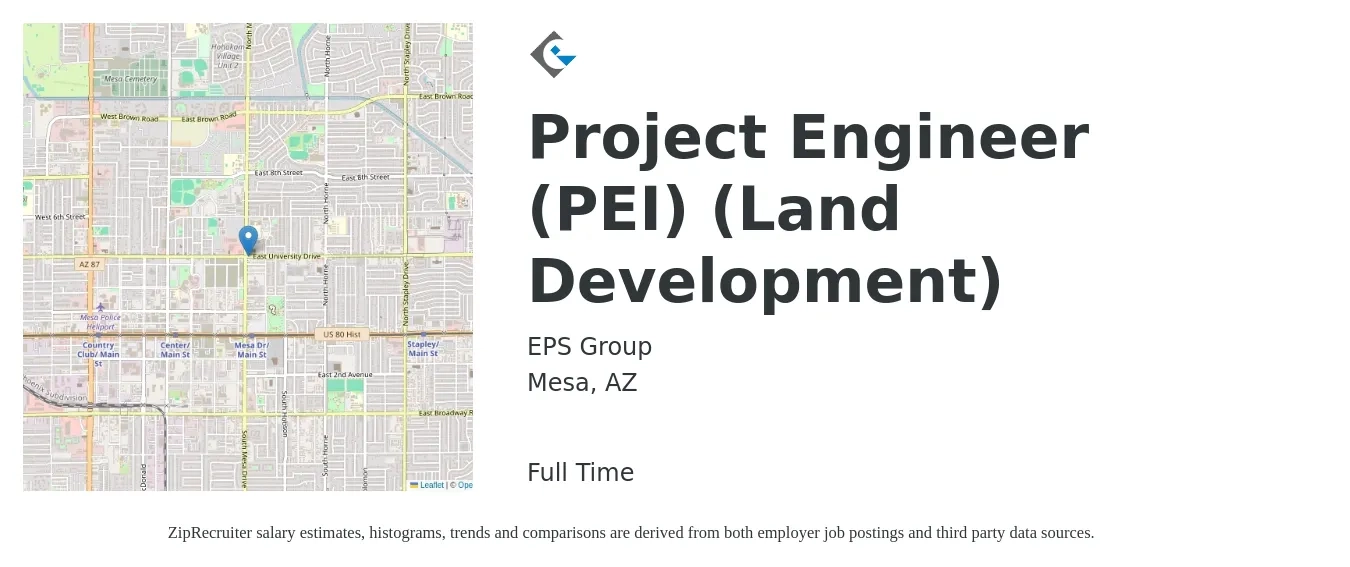 EPS Group job posting for a Project Engineer (PEI) (Land Development) in Mesa, AZ with a salary of $88,300 to $111,600 Yearly with a map of Mesa location.