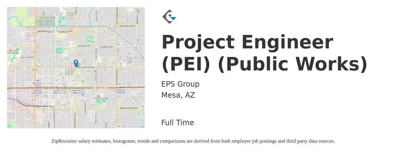 EPS Group job posting for a Project Engineer (PEI) (Public Works) in Mesa, AZ with a salary of $73,400 to $102,700 Yearly with a map of Mesa location.