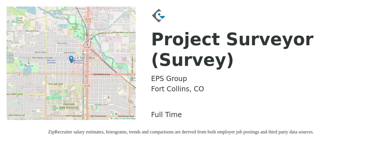 EPS Group job posting for a Project Surveyor (Survey) in Fort Collins, CO with a salary of $76,573 to $89,753 Yearly with a map of Fort Collins location.