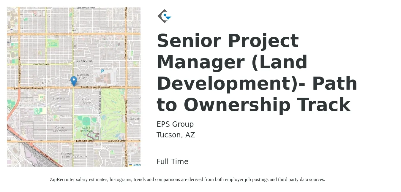 EPS Group job posting for a Senior Project Manager (Land Development)- Path to Ownership Track in Tucson, AZ with a salary of $89,000 to $125,500 Yearly with a map of Tucson location.