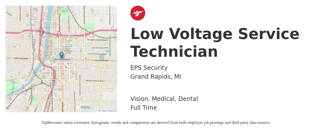 EPS Security job posting for a Low Voltage Service Technician in Grand Rapids, MI with a salary of $20 to $27 Hourly and benefits including dental, life_insurance, medical, pto, retirement, and vision with a map of Grand Rapids location.
