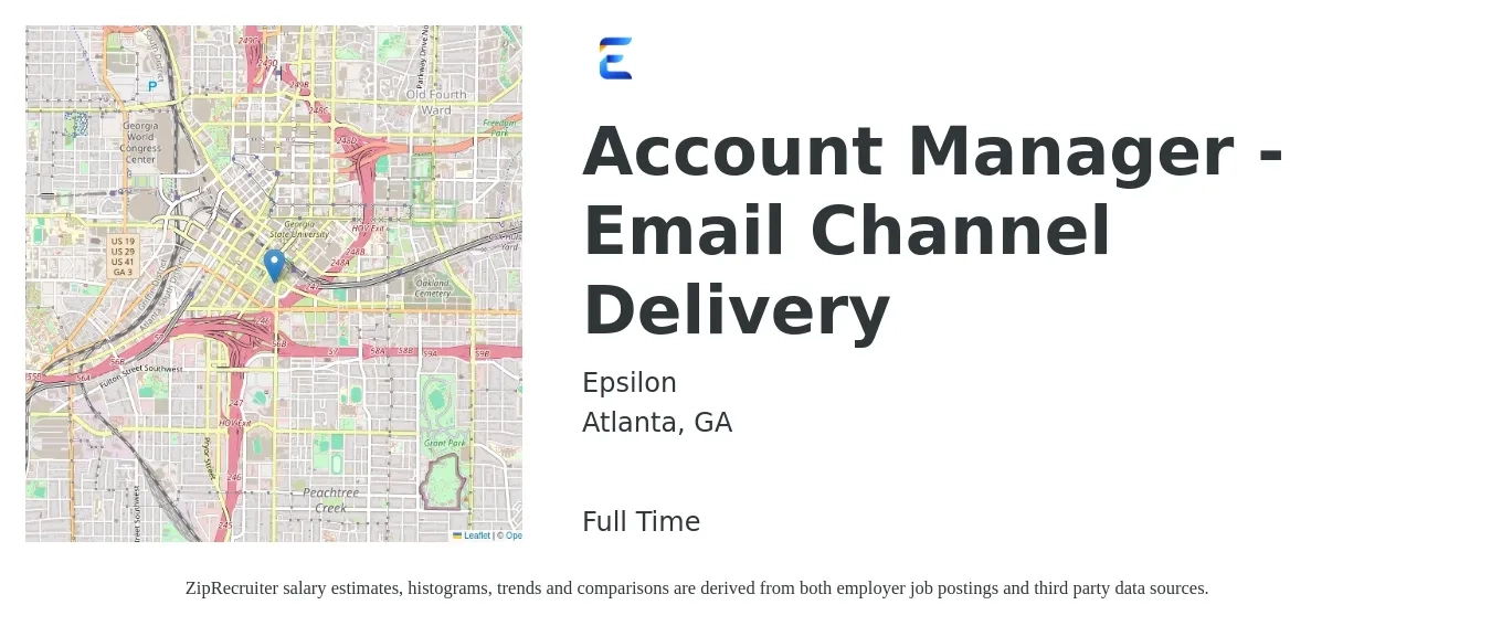 Epsilon job posting for a Account Manager - Email Channel Delivery in Atlanta, GA with a salary of $46,200 to $75,500 Yearly with a map of Atlanta location.