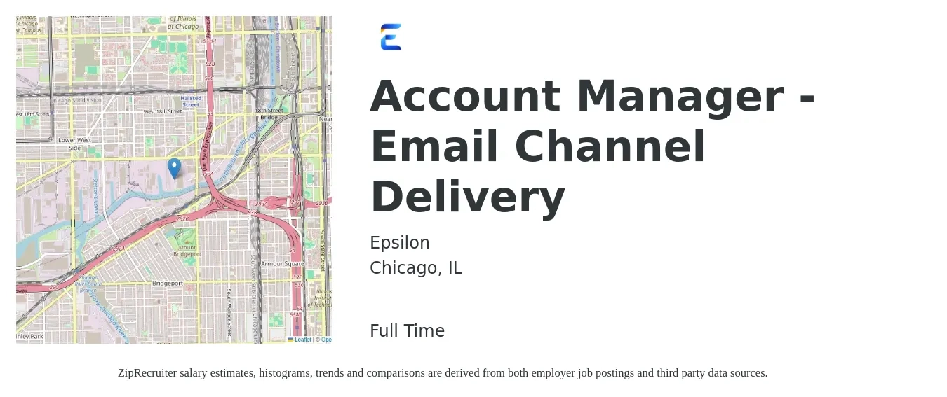 Epsilon job posting for a Account Manager - Email Channel Delivery in Chicago, IL with a salary of $49,500 to $80,900 Yearly with a map of Chicago location.