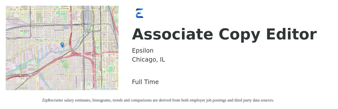 Epsilon job posting for a Associate Copy Editor in Chicago, IL with a salary of $24 to $34 Hourly with a map of Chicago location.