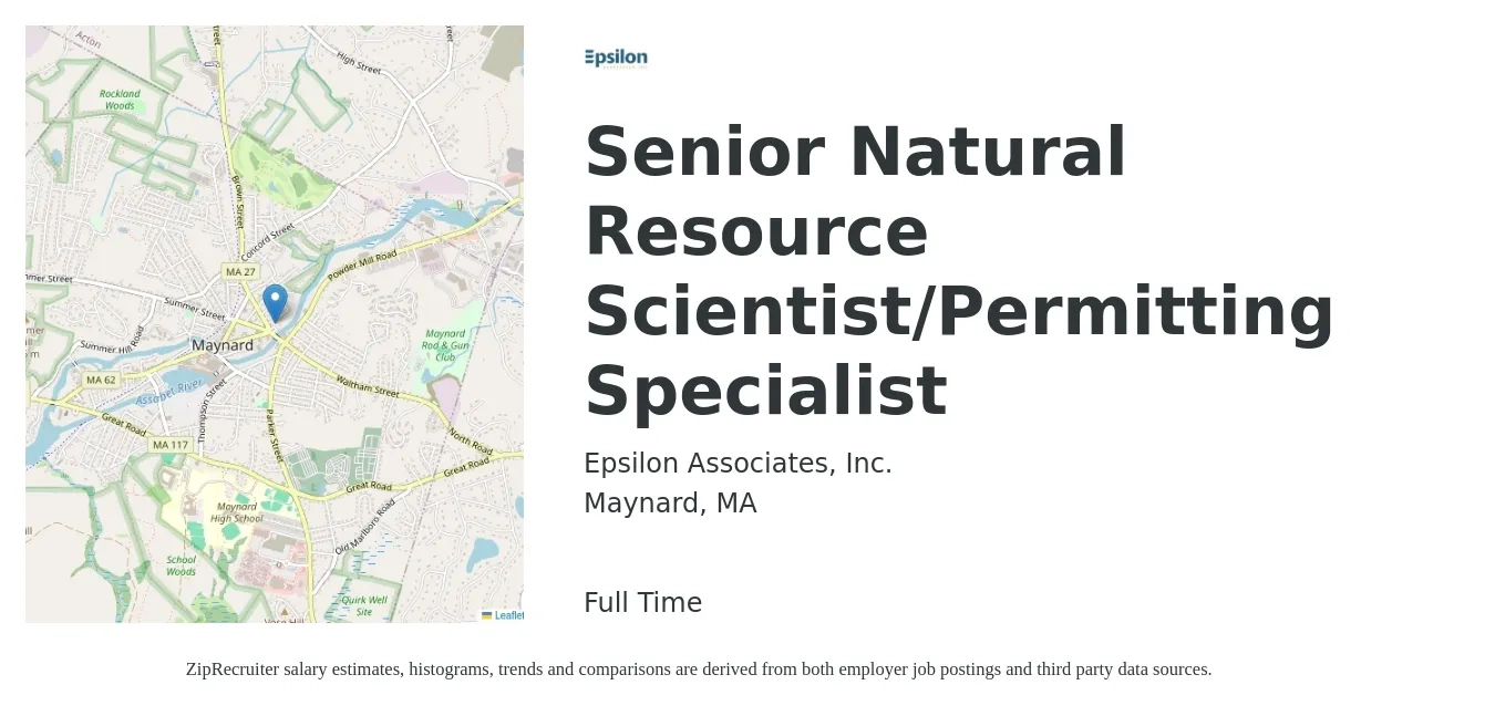 Epsilon Associates, Inc. job posting for a Senior Natural Resource Scientist/Permitting Specialist in Maynard, MA with a salary of $97,100 to $132,600 Yearly with a map of Maynard location.