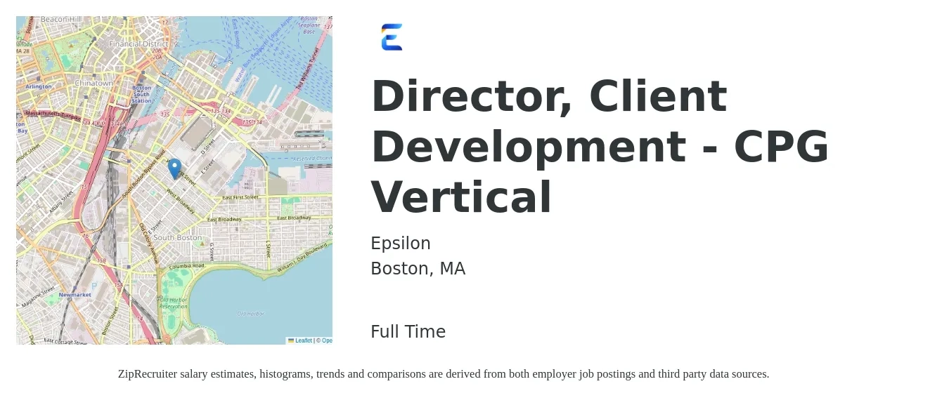 Epsilon job posting for a Director, Client Development - CPG Vertical in Boston, MA with a salary of $108,300 to $181,400 Yearly with a map of Boston location.