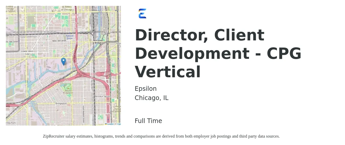 Epsilon job posting for a Director, Client Development - CPG Vertical in Chicago, IL with a salary of $103,100 to $172,700 Yearly with a map of Chicago location.