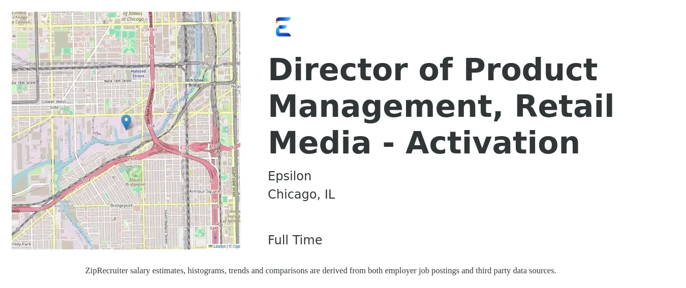 Epsilon job posting for a Director of Product Management, Retail Media - Activation in Chicago, IL with a salary of $240,200 to $251,600 Yearly with a map of Chicago location.