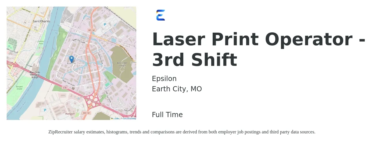 Epsilon job posting for a Laser Print Operator - 3rd Shift in Earth City, MO with a salary of $16 to $20 Hourly with a map of Earth City location.