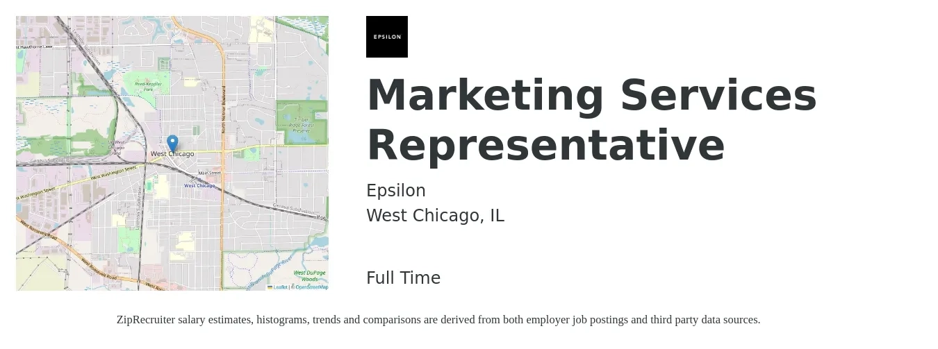 Epsilon job posting for a Marketing Services Representative in West Chicago, IL with a salary of $38,800 to $54,600 Yearly with a map of West Chicago location.