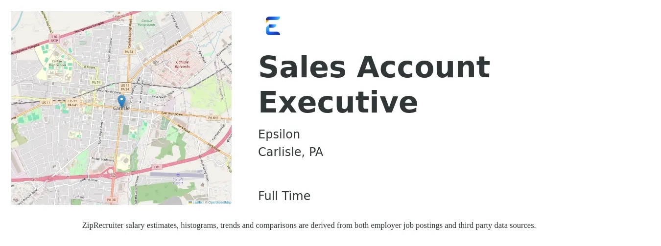 Epsilon job posting for a Sales Account Executive in Carlisle, PA with a salary of $52,100 to $81,700 Yearly with a map of Carlisle location.