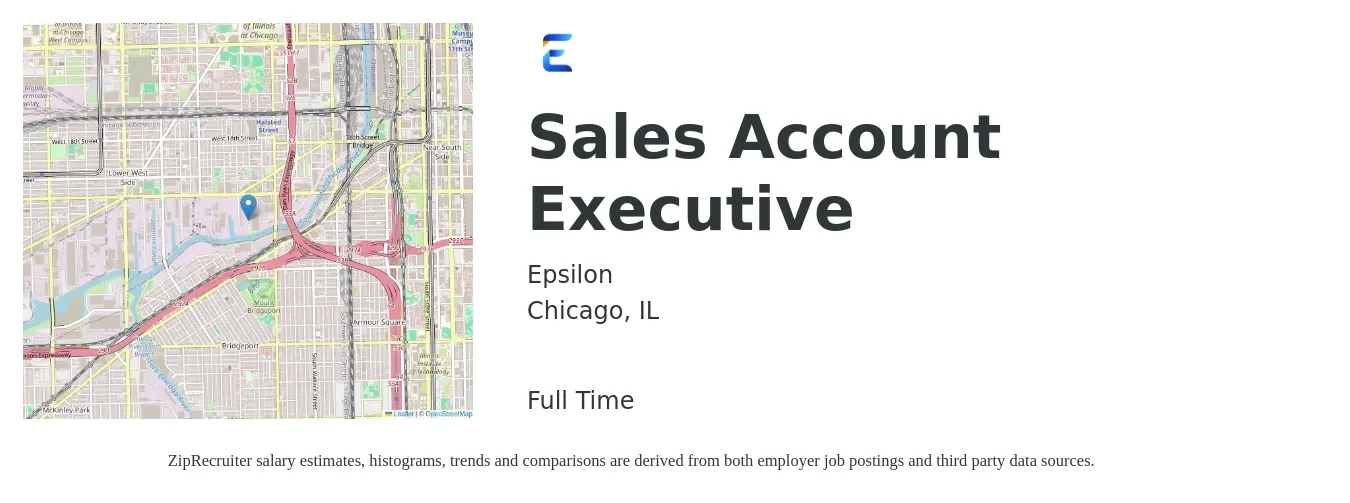 Epsilon job posting for a Sales Account Executive in Chicago, IL with a salary of $55,100 to $86,500 Yearly with a map of Chicago location.