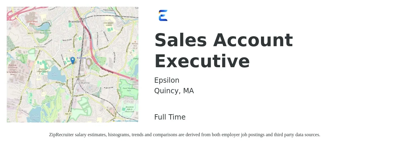 Epsilon job posting for a Sales Account Executive in Quincy, MA with a salary of $56,300 to $88,300 Yearly with a map of Quincy location.