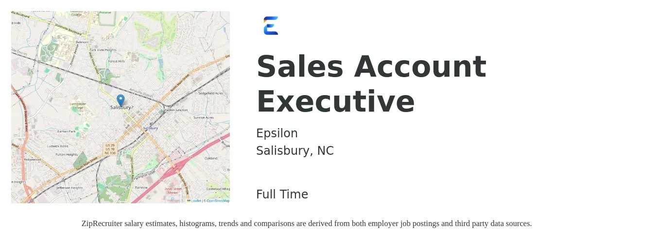 Epsilon job posting for a Sales Account Executive in Salisbury, NC with a salary of $47,900 to $75,300 Yearly with a map of Salisbury location.