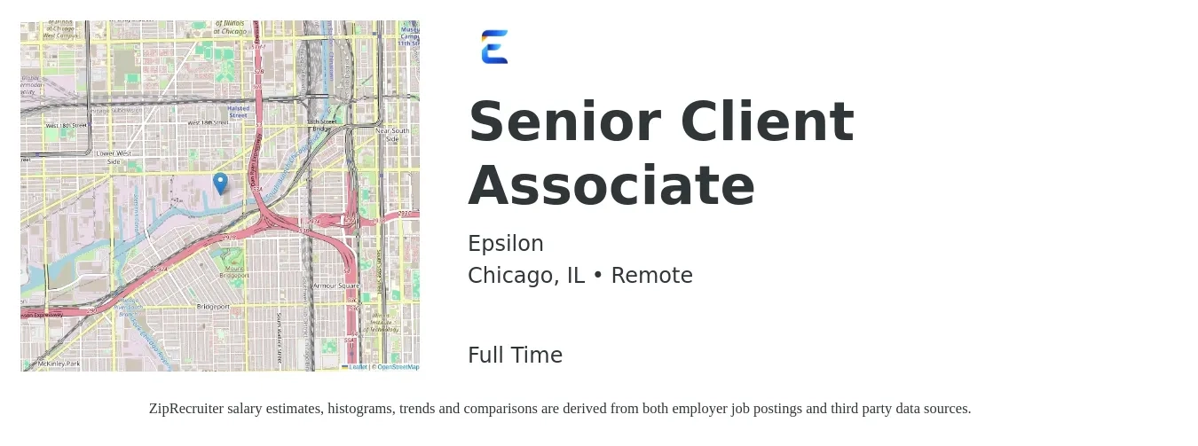 Epsilon job posting for a Senior Client Associate in Chicago, IL with a salary of $45,900 to $97,900 Yearly with a map of Chicago location.