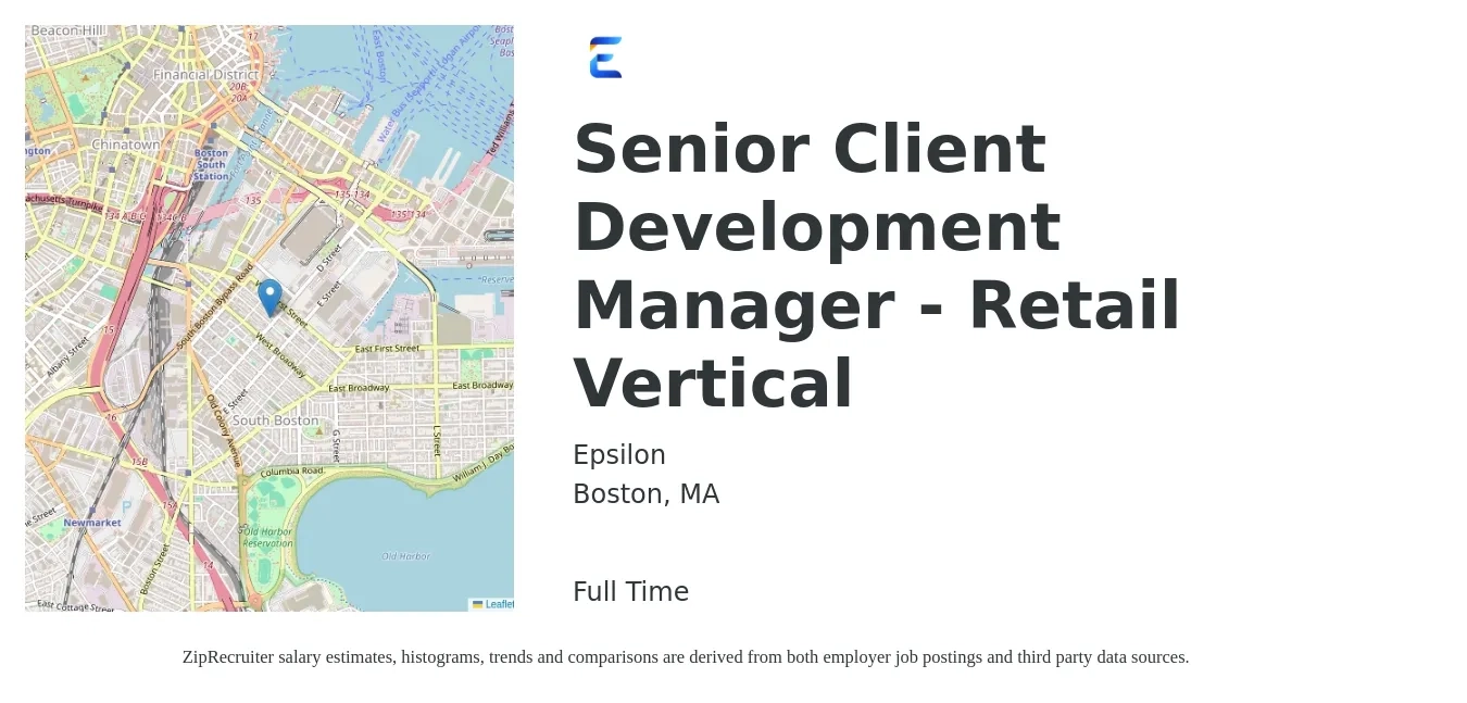 Epsilon job posting for a Senior Client Development Manager - Retail Vertical in Boston, MA with a salary of $83,900 to $132,100 Yearly with a map of Boston location.