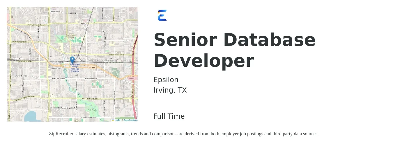 Epsilon job posting for a Senior Database Developer in Irving, TX with a salary of $45 to $65 Hourly with a map of Irving location.