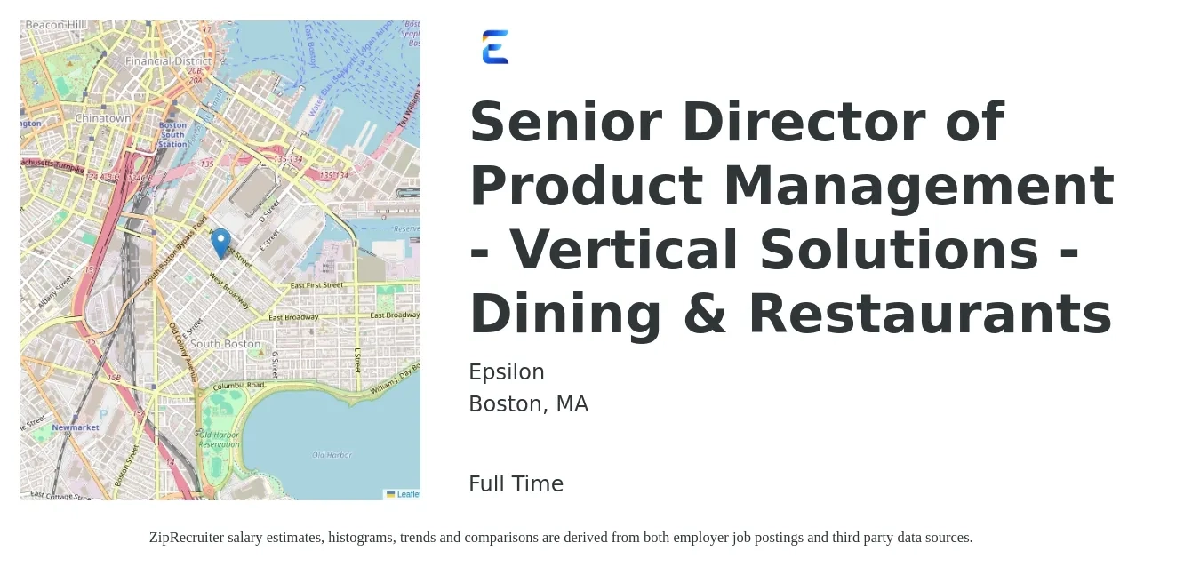 Epsilon job posting for a Senior Director of Product Management - Vertical Solutions - Dining & Restaurants in Boston, MA with a salary of $252,300 to $264,300 Yearly with a map of Boston location.