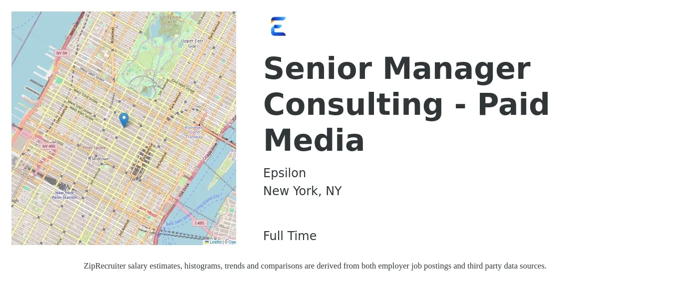 Epsilon job posting for a Senior Manager Consulting - Paid Media in New York, NY with a salary of $135,000 to $140,500 Yearly with a map of New York location.