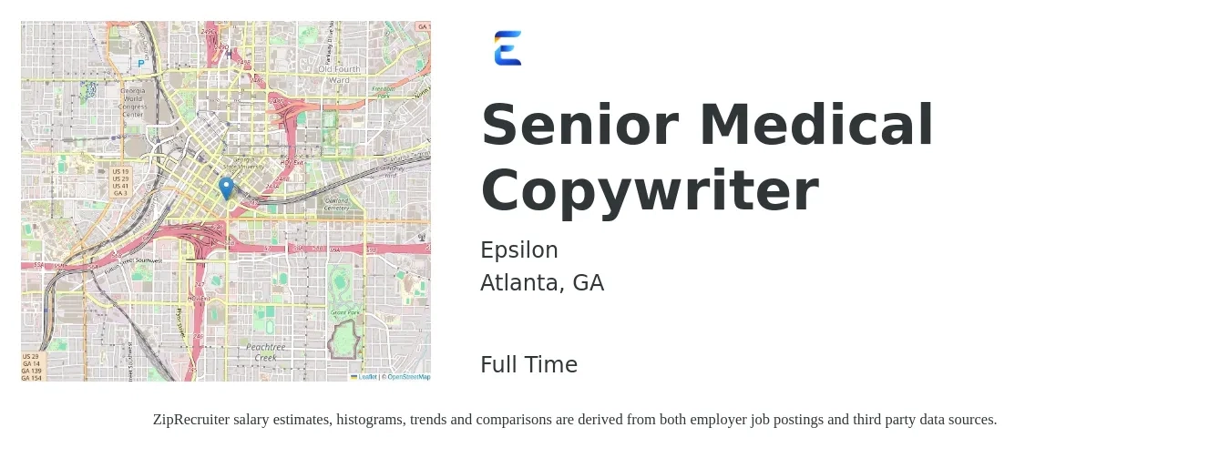 Epsilon job posting for a Senior Medical Copywriter in Atlanta, GA with a salary of $69,200 to $104,800 Yearly with a map of Atlanta location.