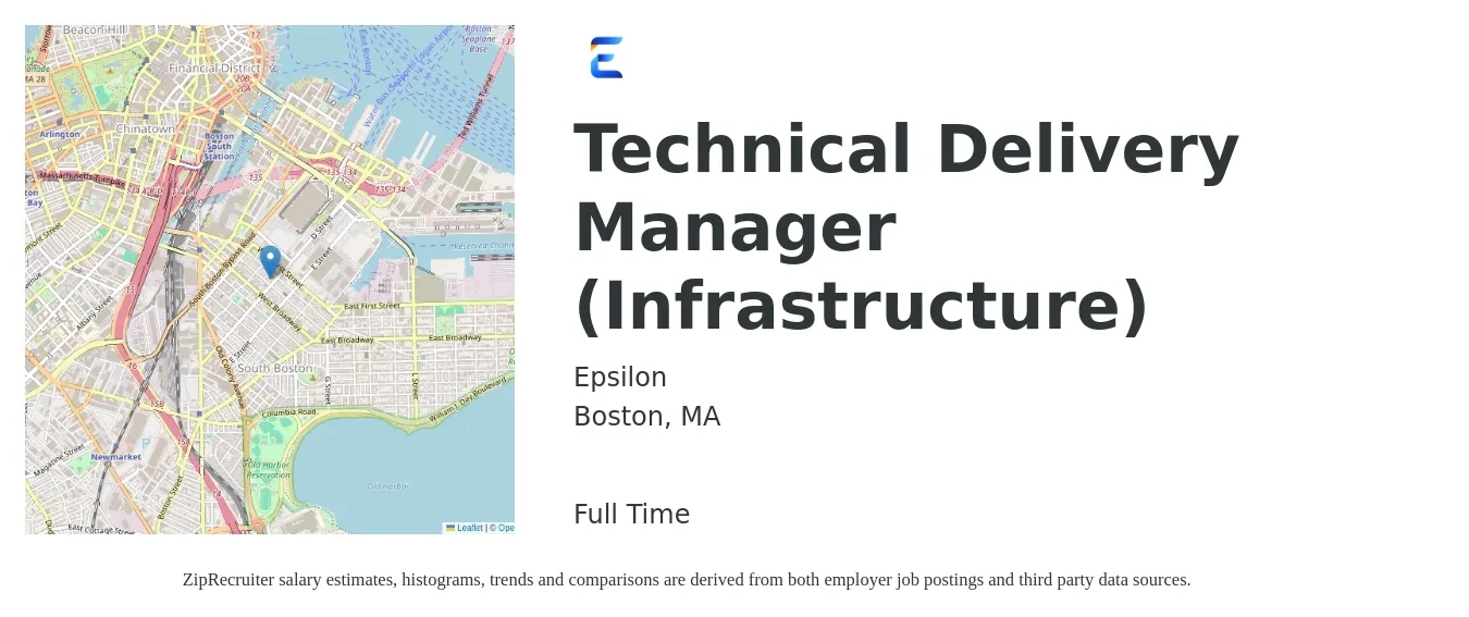 Epsilon job posting for a Technical Delivery Manager (Infrastructure) in Boston, MA with a salary of $67 to $86 Hourly with a map of Boston location.