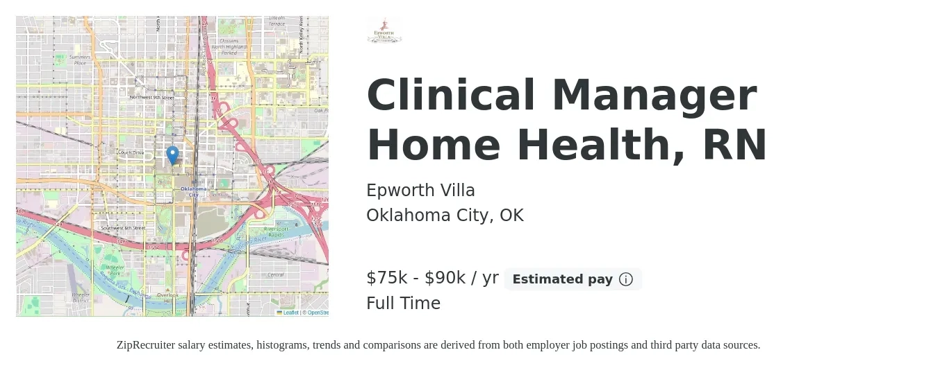 Epworth Villa job posting for a Clinical Manager Home Health, RN in Oklahoma City, OK with a salary of $75,000 to $90,000 Yearly with a map of Oklahoma City location.