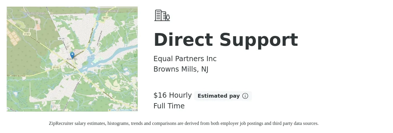 Equal Partners Inc job posting for a Direct Support in Browns Mills, NJ with a salary of $18 Hourly with a map of Browns Mills location.