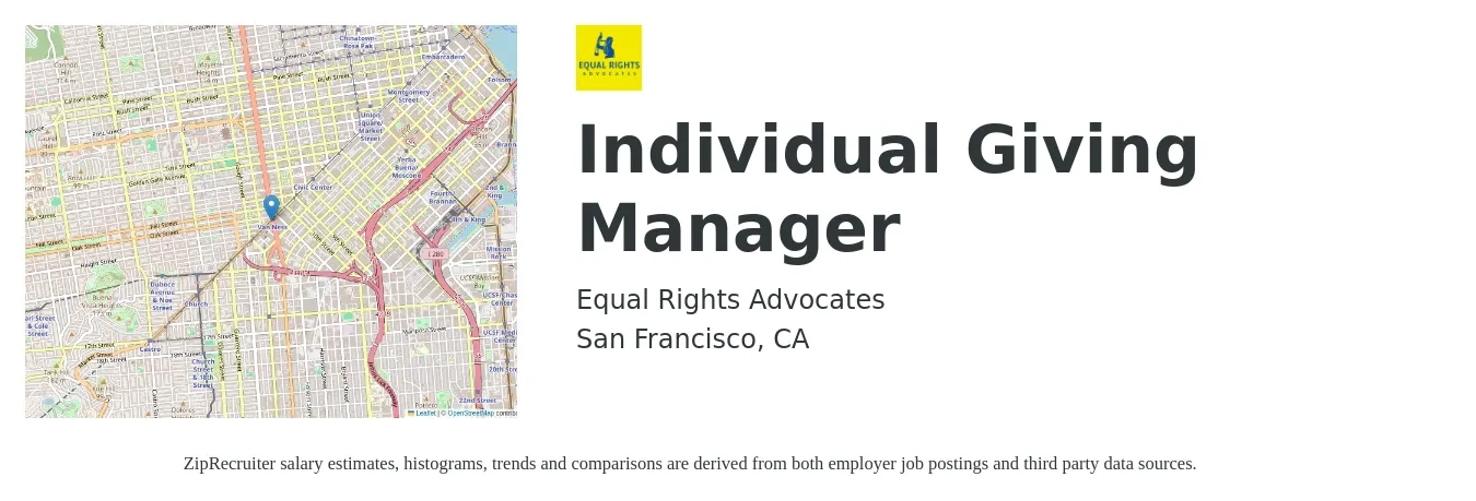 Equal Rights Advocates job posting for a Individual Giving Manager in San Francisco, CA with a salary of $75,000 to $85,000 Yearly with a map of San Francisco location.