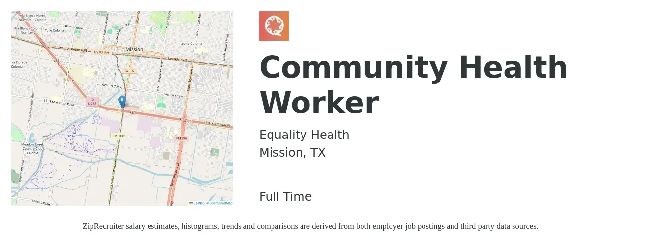 Equality Health job posting for a Community Health Worker in Mission, TX with a salary of $15 to $19 Hourly with a map of Mission location.