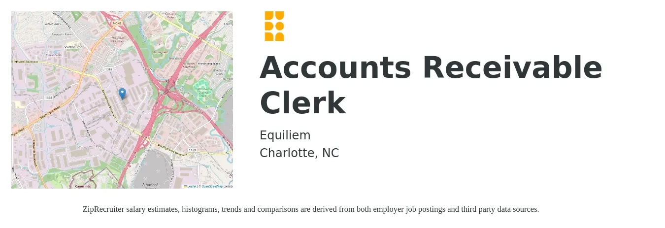Equiliem job posting for a Accounts Receivable Clerk in Charlotte, NC with a salary of $18 to $23 Hourly with a map of Charlotte location.